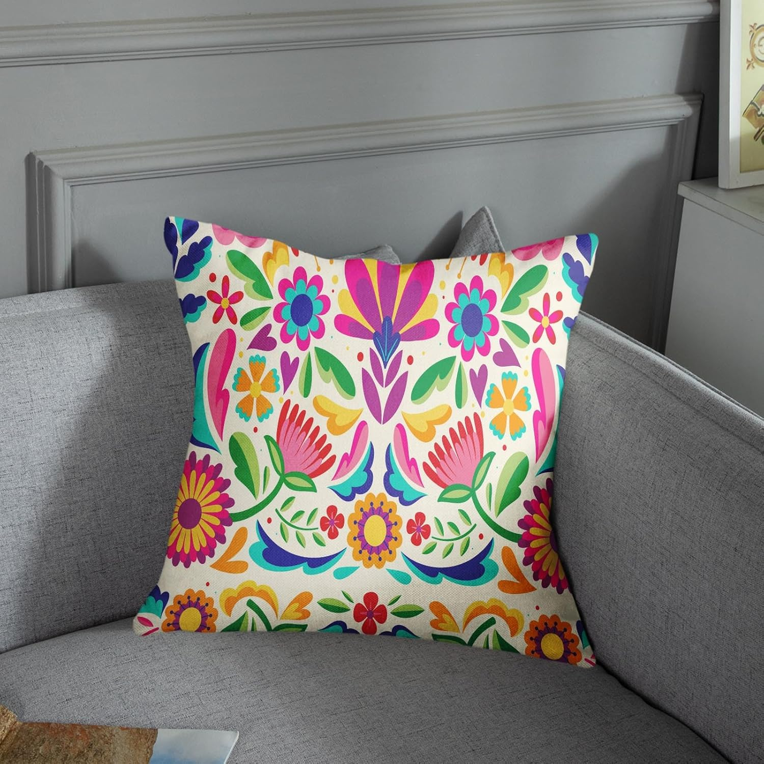 Sanwarm Throw Pillow Covers Home Decor Set of 4 Pillow Cases Decorative 18 X 18 Inches Cushion Couch Sofa Pillowcases Mexican Colorful Ethnic Birds Flowers - Black White image number 4