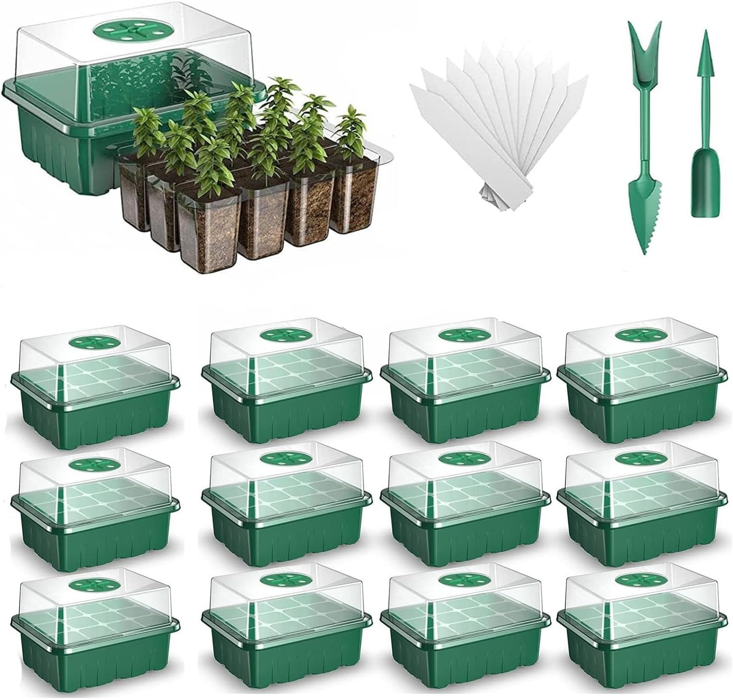EZONEDEAL 13 Pack Seed Starter Tray 156 Cell Plant Starter Kit Growing Trays Seed Germination Kit with Humidity Dome and Base for Greenhouse Grow Wheatgrass Hydroponic Garden Tools (12 Cells per Tray) image number 2