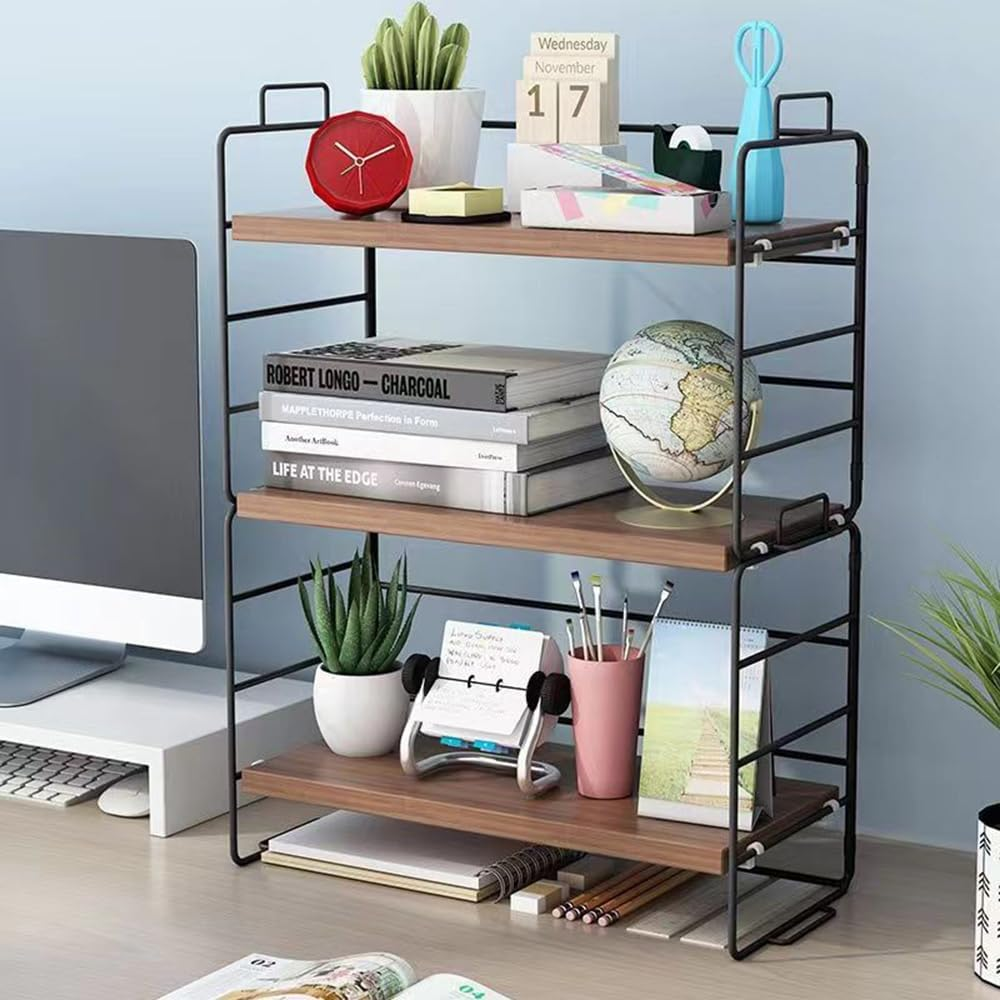 Hbluefat Desktop Shelf Organizer, 2-Tier Adjustable Wood Bookshelf Storage Rack, Small Multi-Functional Stackable Countertop Display Shelf for Home Office School (Walnut+Black)