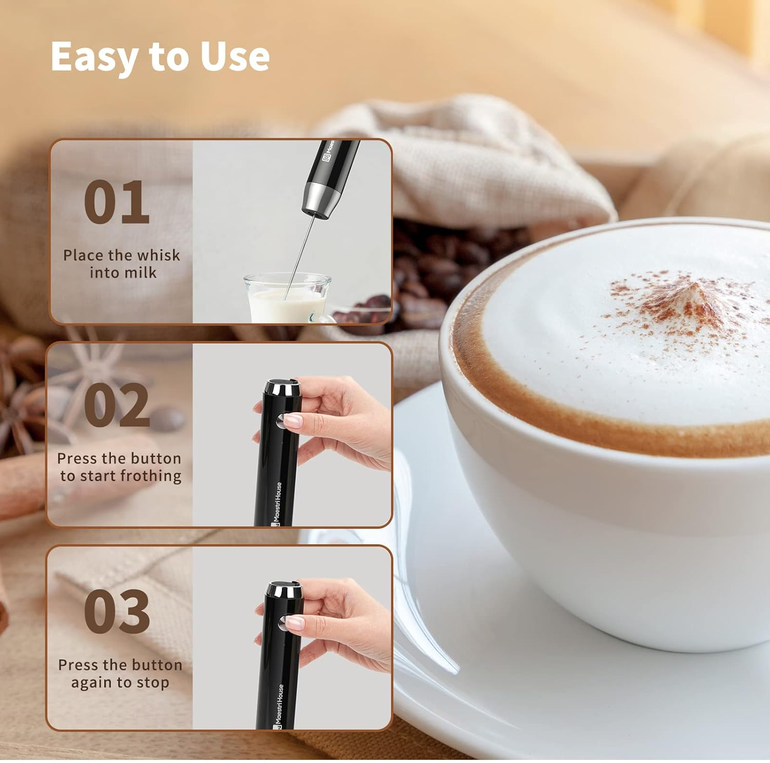 Maestri House Rechargeable Milk Frother with 3 Heads, Lunafro as Handheld Electric Foam Maker Waterproof Detachable Stainless Steel Whisk Drink Mixer Foamer with Stand for Lattes, Cappuccino, Egg image number 1