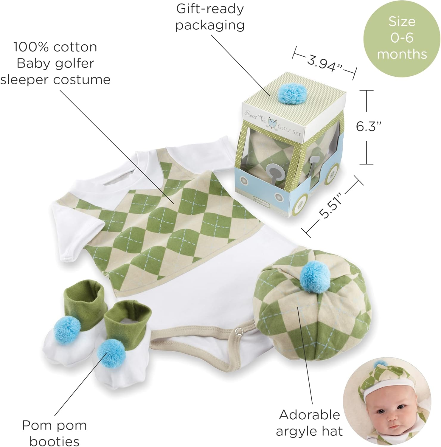 Baby Aspen Three Piece Layette Set in Golf Cart Package, Green/White, 0-6 Mos. image number 3