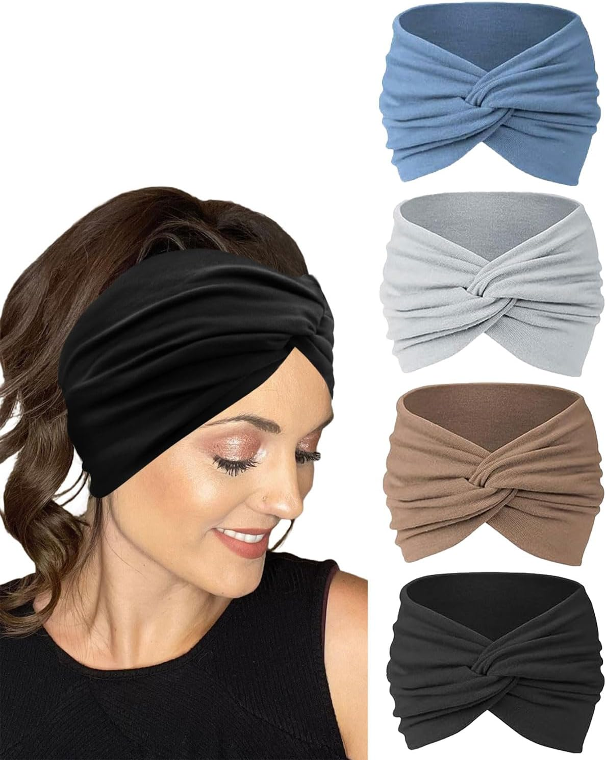 FUGLUS 4 Pieces Fashion Headbands for Women, Elastic Soft Headbands, Extra Wide Hair Bands, Headband, Multicoloured Head Wrap for Everyday Yoga, Sports, Fitness, Cosmetics, Boho Hair Accessories image number 1