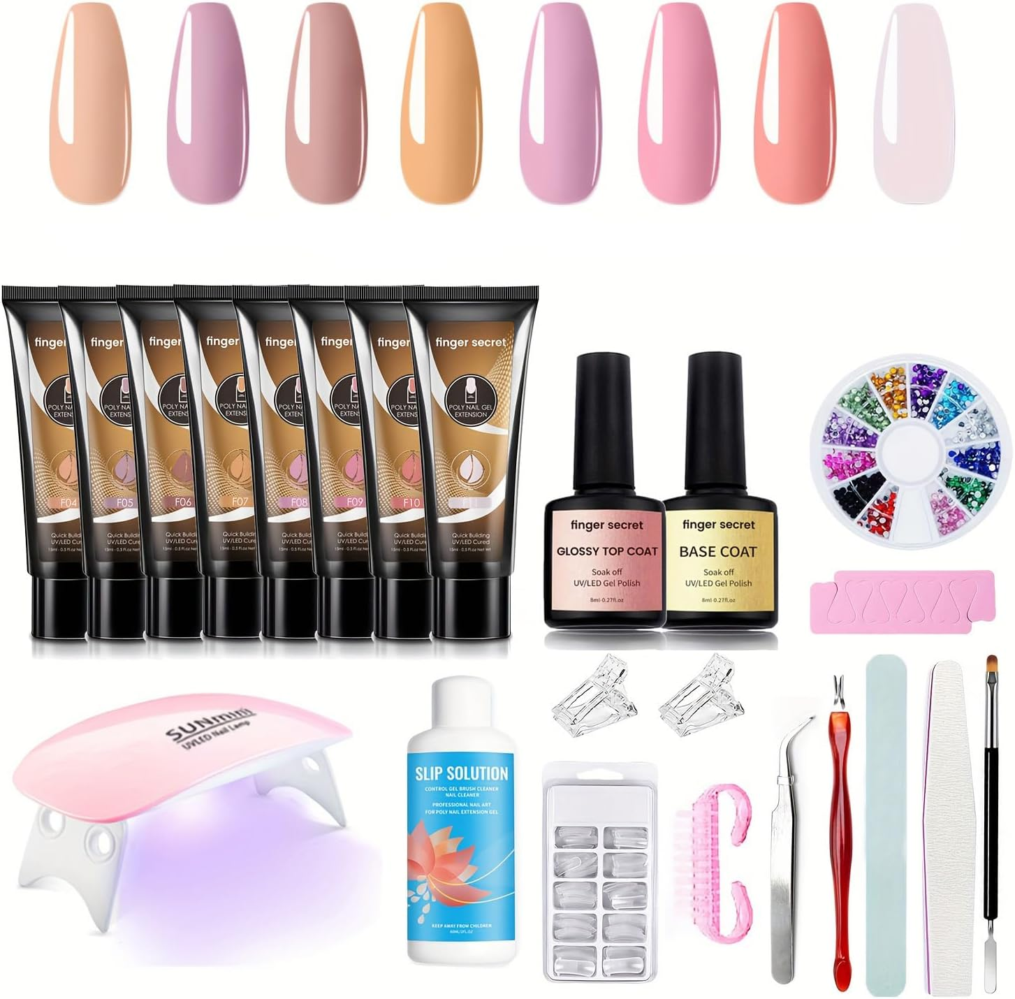 Finger Secret Poly Extension Gel Nail Kit - 8Colors Professional Nail Gel Set with Slip Solution and Lamp Nail Art Design Beginner,Nail Thickening Solution, All-In-One French Kit image number 2