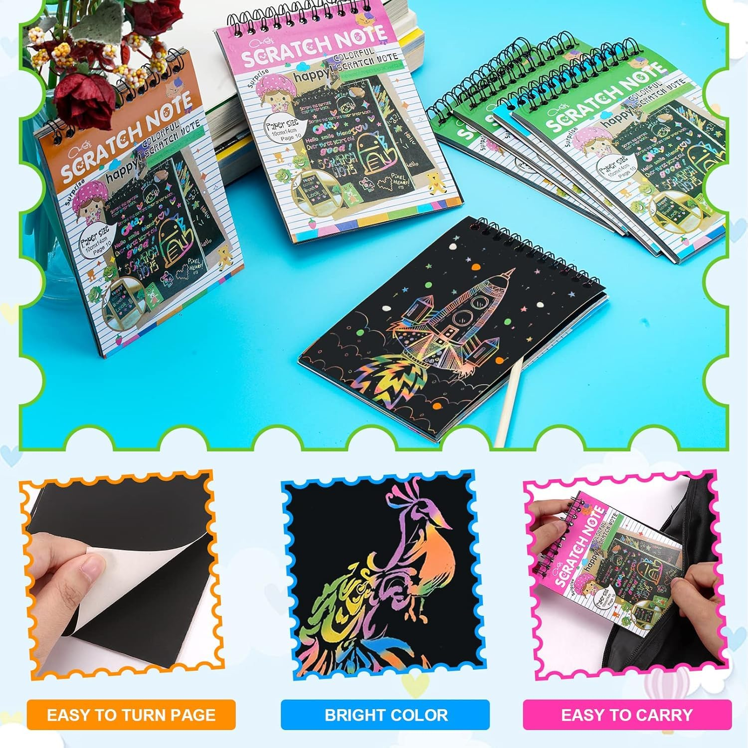8 Pack Rainbow Scratch Notebooks with Wooden Styluses - Ideal for Kids' Party Favors, Arts & Crafts image number 1