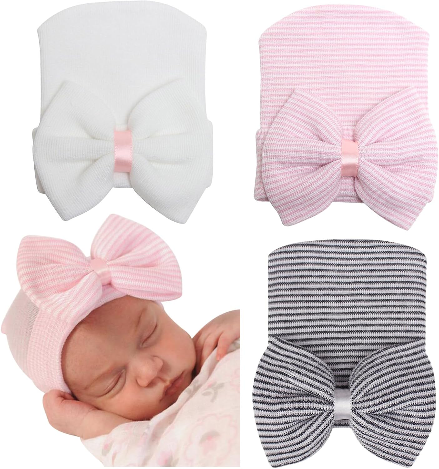 AQOKKA 3 Pack Newborn Hospital Hat Infant Baby Hat Cap with Big Bow Knit Ribbon Soft Cute Nursery Beanie 0-3 Month