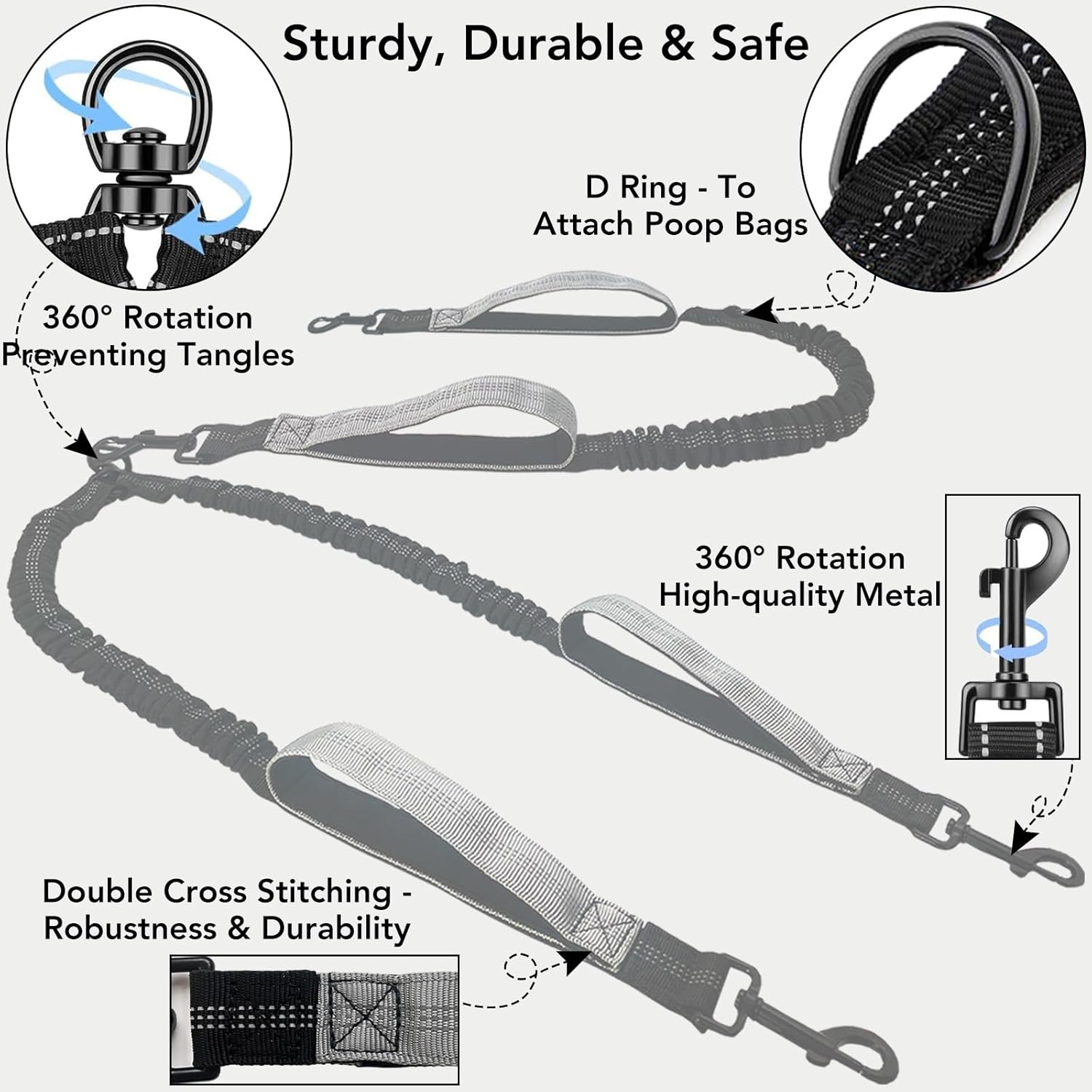 Hands Free Dog Leash for 2 Dogs- 360&deg;Swivel No Tangle Dual Dog Leash, Waist Leash for Dog Walking with Anti-Pull for Shock Absorption, Reflective Strips & Padded Handles,For Jogging, Running image number 6