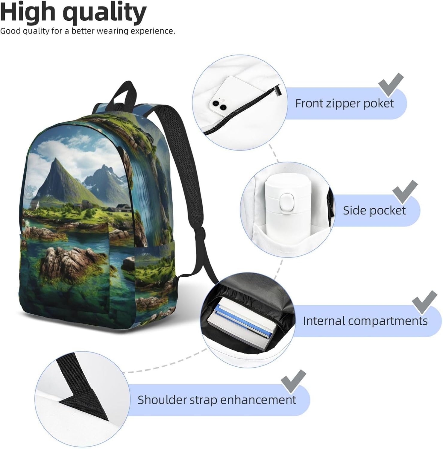 DRTGEDS Norway Islands Backpacks Lightweight with 1 Main Compartment, Shoulder Rucksack Carry-On image number 5