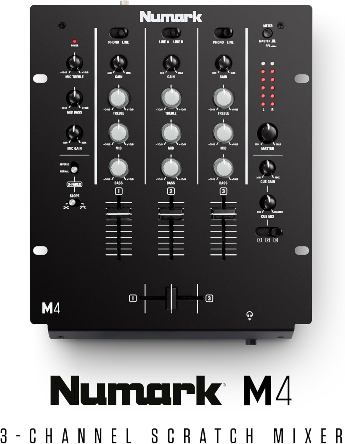 Numark M4 - 3-Channel Scratch DJ Mixer, Rack Mountable with 3-Band EQ, Microphone Input and Replaceable Crossfader with Reverse and Slope Controls