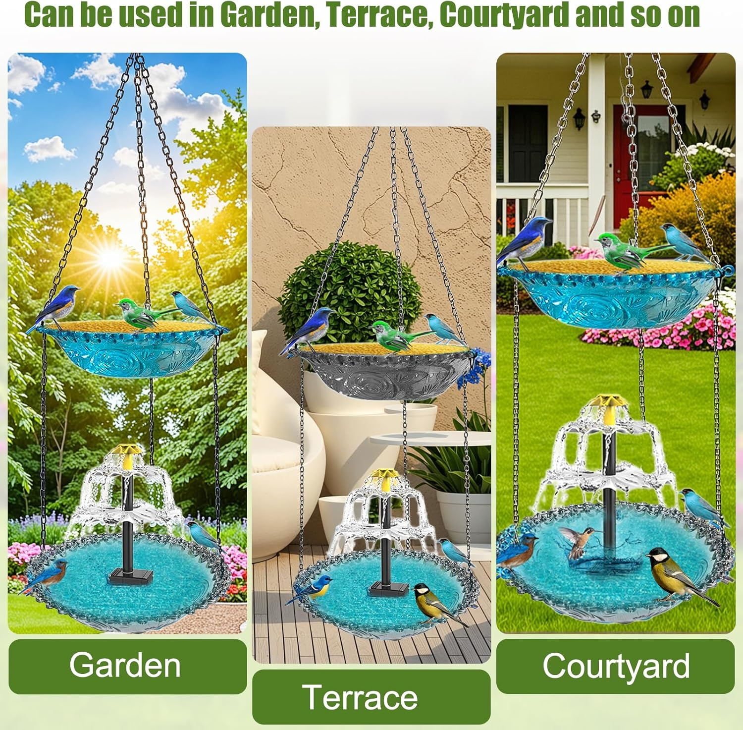 Hanging Bird Bath with Solar Fountain, Solar Birdbath, 9.25" X 27.6" H Double-Layer Hanging Bird Baths for Outdoors, Garden, Hummingbird (Gray)