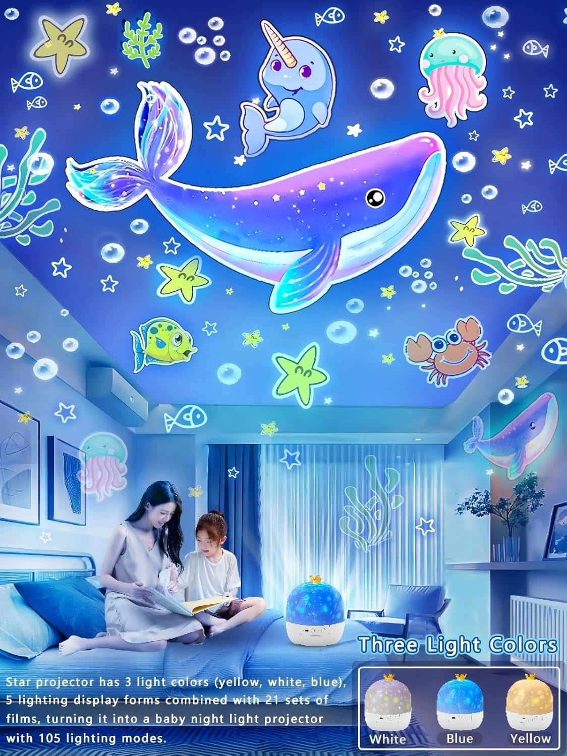 Night Light for Kids Room Decor, 21 Sets of Films Galaxy Projector for Toddler Bedroom, Ceiling, Ocean Star Night Light Projector for Girls Boys with 360&deg; Rotation Dimmable for Christmas, Baby Nursery image number 6