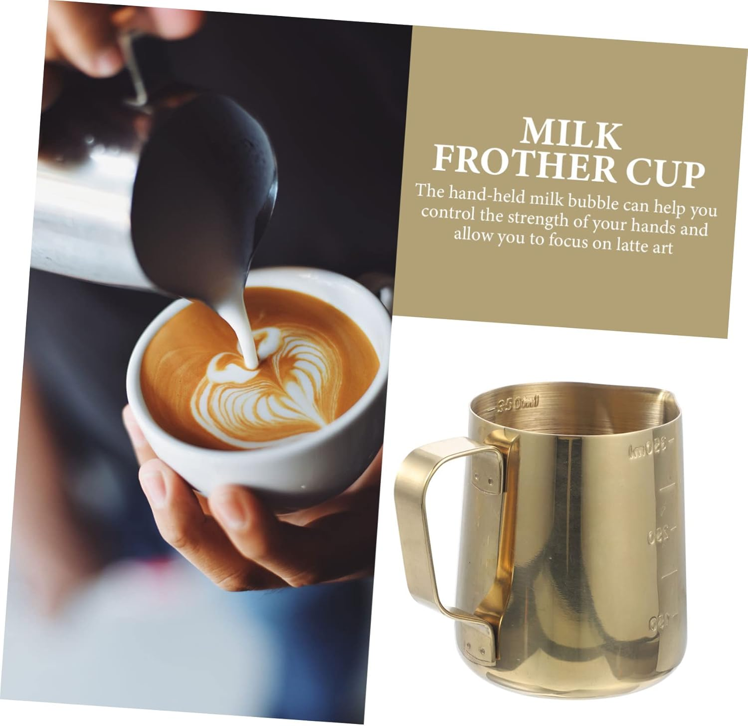 OSALADI Graduated Milk Cup Thickened Gold Stainless Steel Frothing Pitcher Ergonomic Handle Espresso Milk Pitcher Coffee Teapot