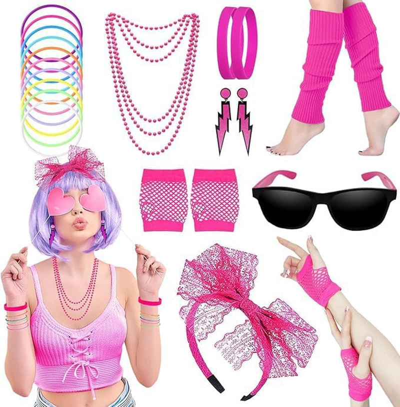 80S Fancy Dress for Women,1980S Costume Accessories Set with Leg Warmers Lace Bow Headband Necklace Bracelets Fishnet Gloves 80S Earrings Sunglasses, 80S Fancy Dress for Women image number 5