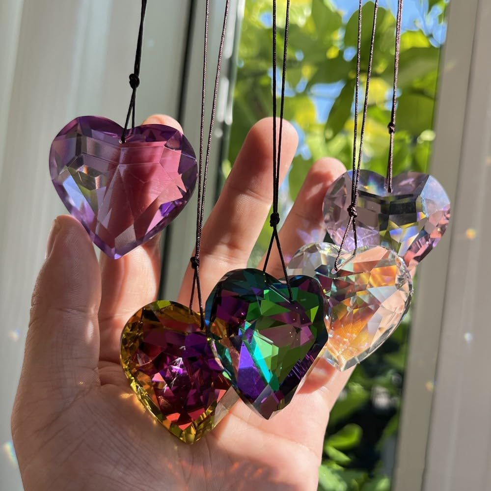 Colorful Heart Crystals Suncatcher Hanging Sun Catcher with Chain Pendant Ornament for Window Home Garden Christmas Day Party Wedding Decoration (Purple) image number 2