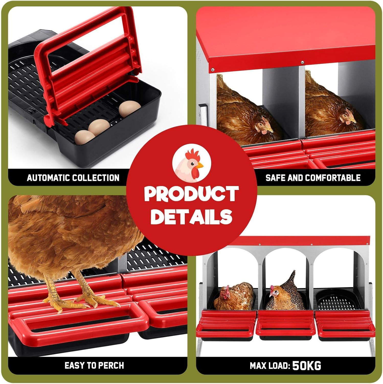 3 Hole Chicken Nesting Box Roll Away Hen Laying Nest Boxes Chook Coop Egg Brooder Poultry Roost Perch Galvanised Steel Plastic with Stand image number 4