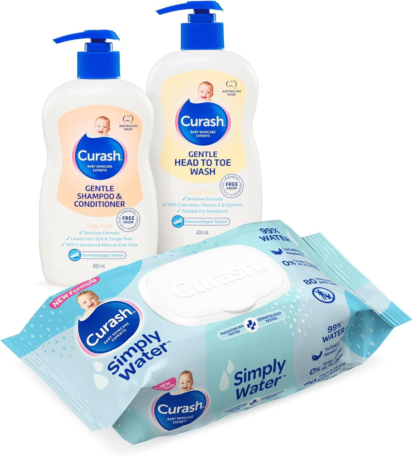 Curash Bath Time Pack - 1X Gentle Shampoo & Conditioner (400Ml) + 1X Head to Toe Wash (400Ml+ 1X Simply Water Wipes (80 Pk) | Safe & Hypoallergenic for Sensitive Skin | Ideal for Newborns & Toddlers image number 4