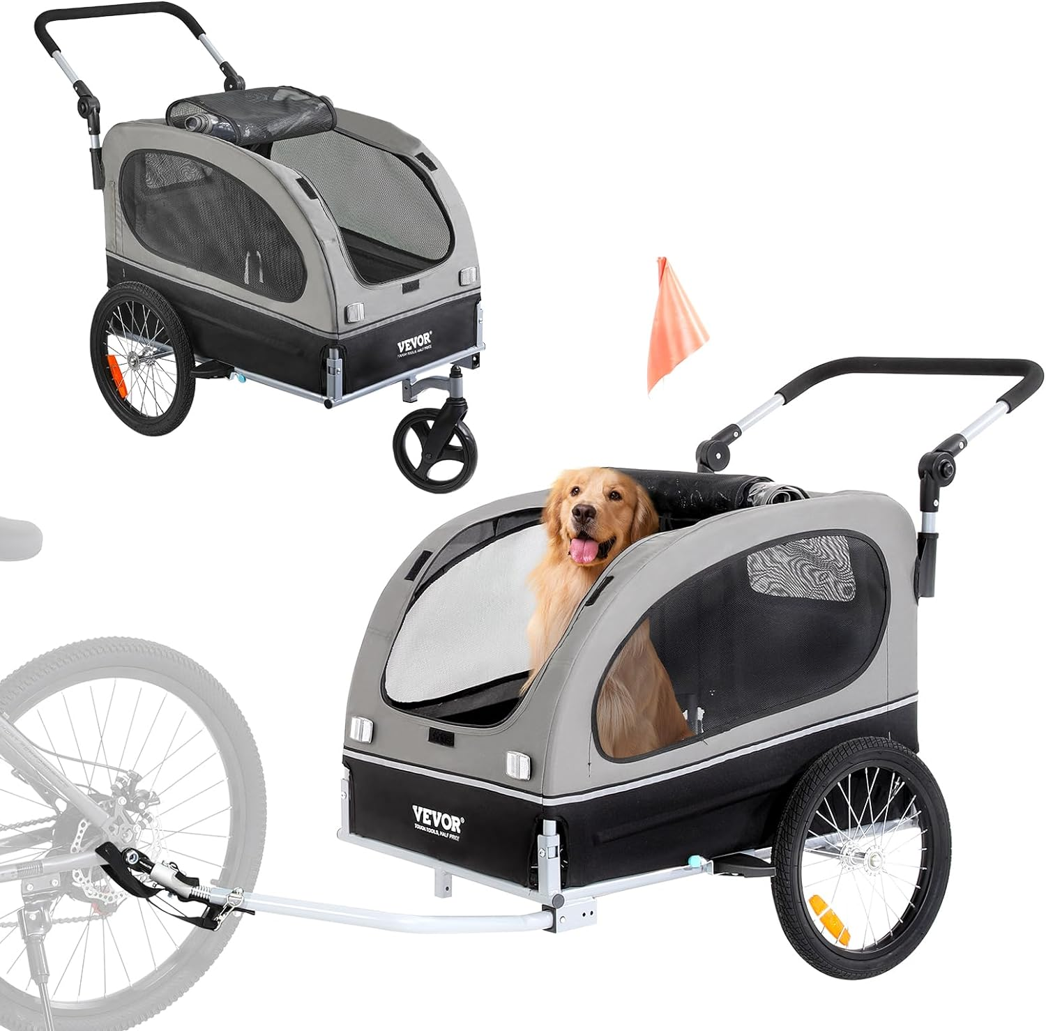 VEVOR Dog Bike Trailer, Supports up to 66/88/100 Lbs, 2-In-1 Pet Stroller Cart Bicycle Carrier, Easy Folding Cart Frame with Quick Release Wheels, Universal Bicycle Coupler, Reflectors, Flag image number 1