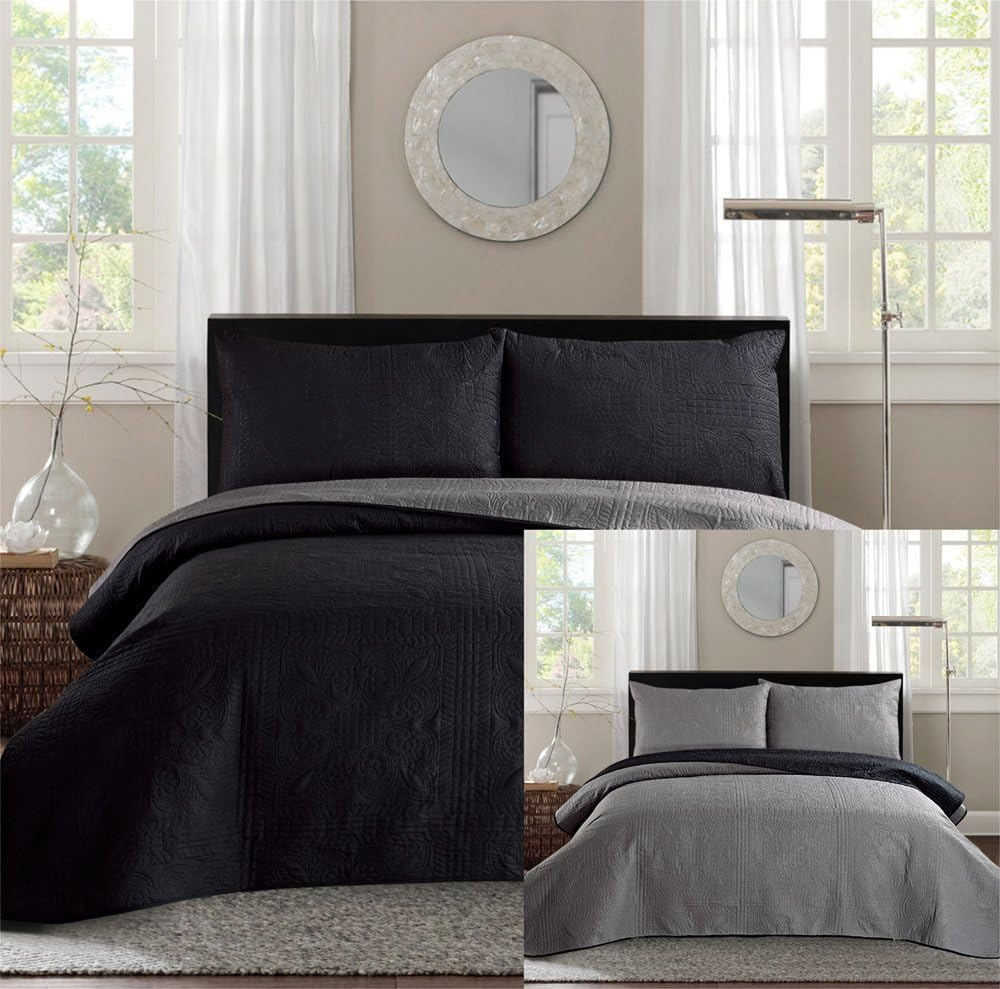 New King Bed Luxury 3-Piece Black/Grey Reversible Bedspread Coverlet Set Solid Embossed Bedding