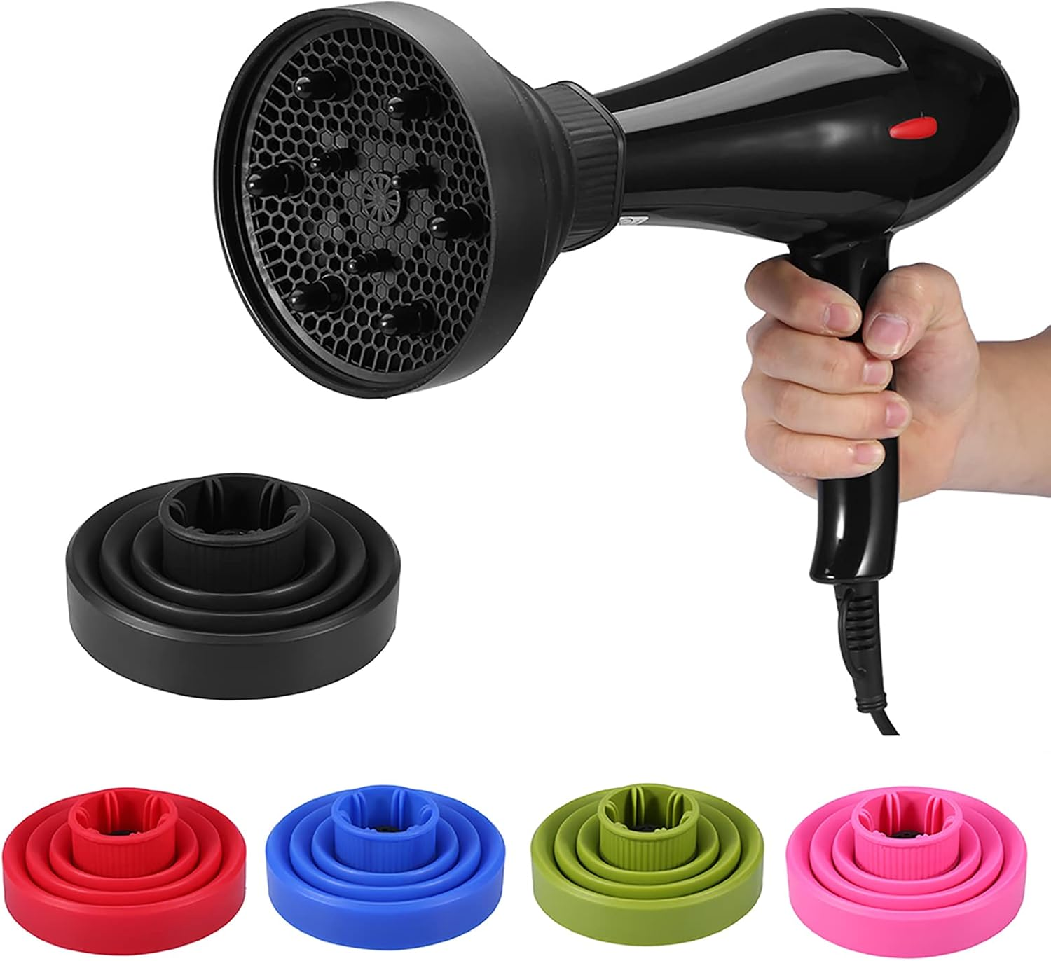 Sluffs Universal Collapsible Blow Dryer with Diffuser,5Colors Portable Foldable Hairdryer Hair Blower Diffuser Cover Styling Hairdressing Tool for Travel(Red) image number 1