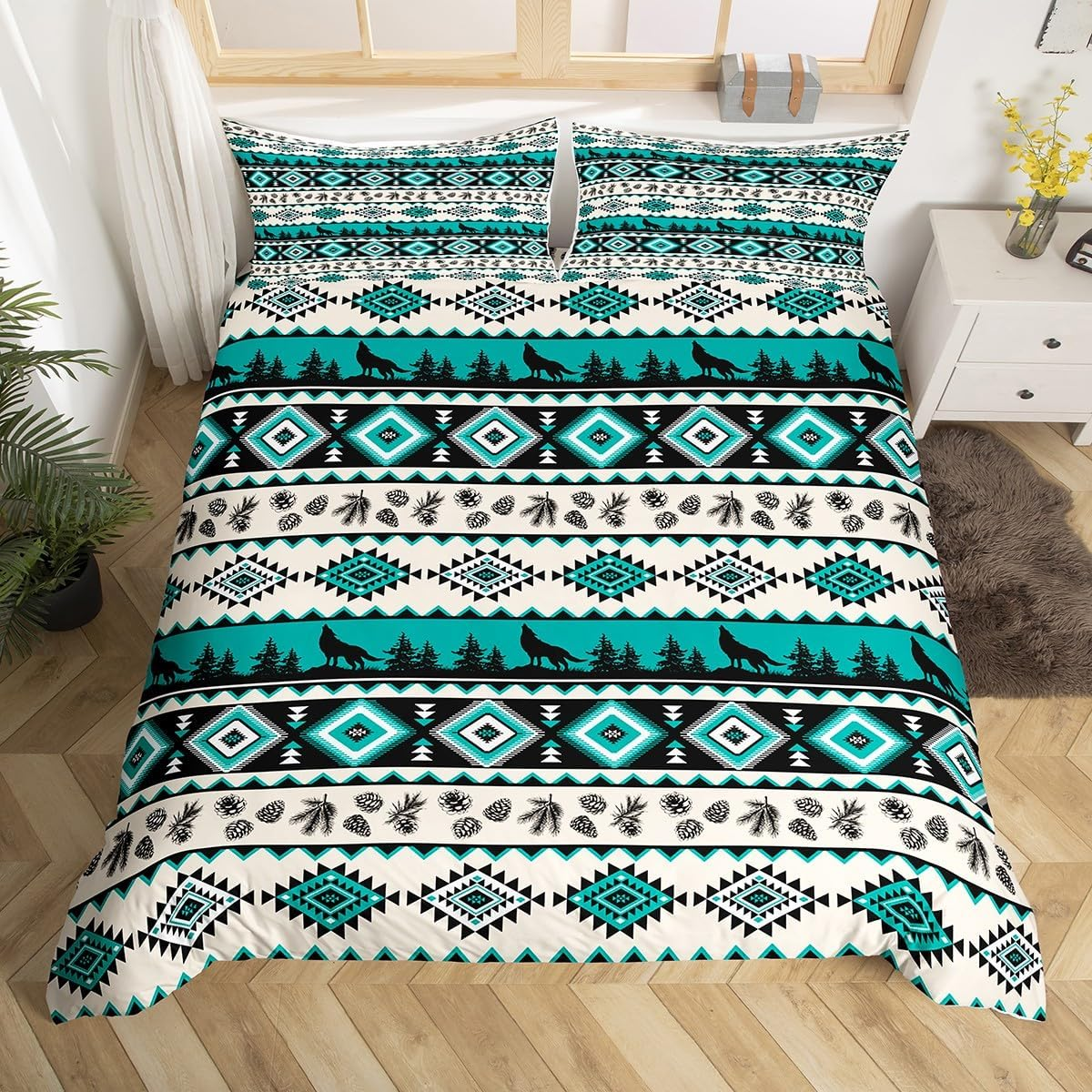 Manfei Aztec Geometric Kids Duvet Cover Set Queen Size,Southwest Tribal Ethnic Bedding Set,Wolf Rustic Cabin Girls Boys Room Decor,Beige Retro,2 Pillowcases(No Comforter)