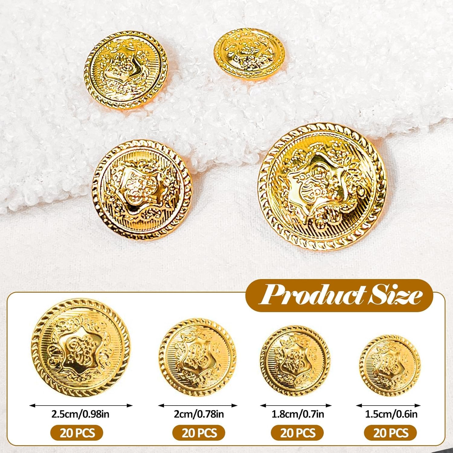 80 Pcs Gold Metal Buttons Set, 4 Sizes Men'S Vintage Gold Buttons for Sewing Blazer Gold Buttons, Coat Jacket Sewing Buttons Handmade Sewing Accessories (1.5/1.8/2/2.5 Cm) image number 5