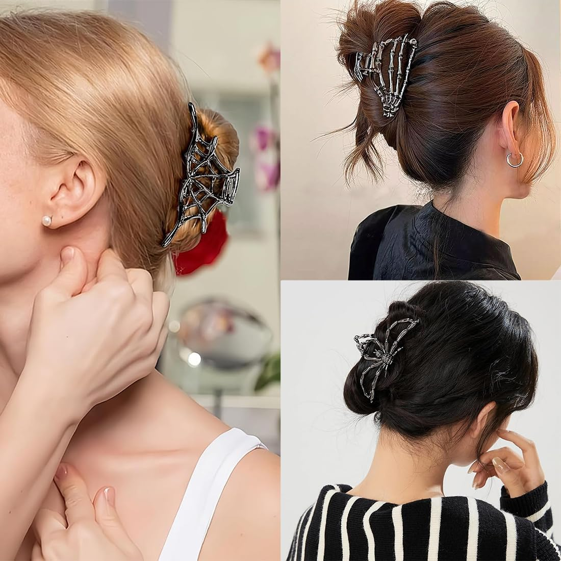 Pack of 3 Stylish Spider Web Metal Hair Clips, Halloween Accessories in Gothic and Y2K Style, Skeleton Hand Spider Web Design, Decorative Large Claw Clip for Everyday Use