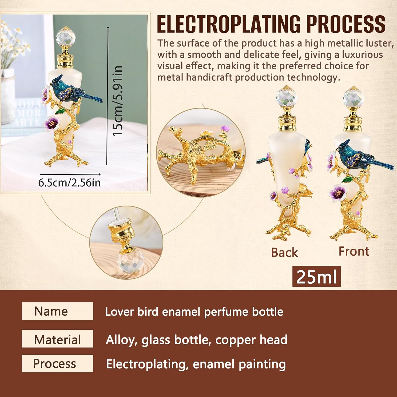 Joyeee Vintage Glass Perfume Bottle with Flower and Blue Bird, 1 Pack 25Ml Tall Perfume Bottles for Dresser Table Decor, Mother Day, Birthday Token for Colleague Friends Mom Grandma