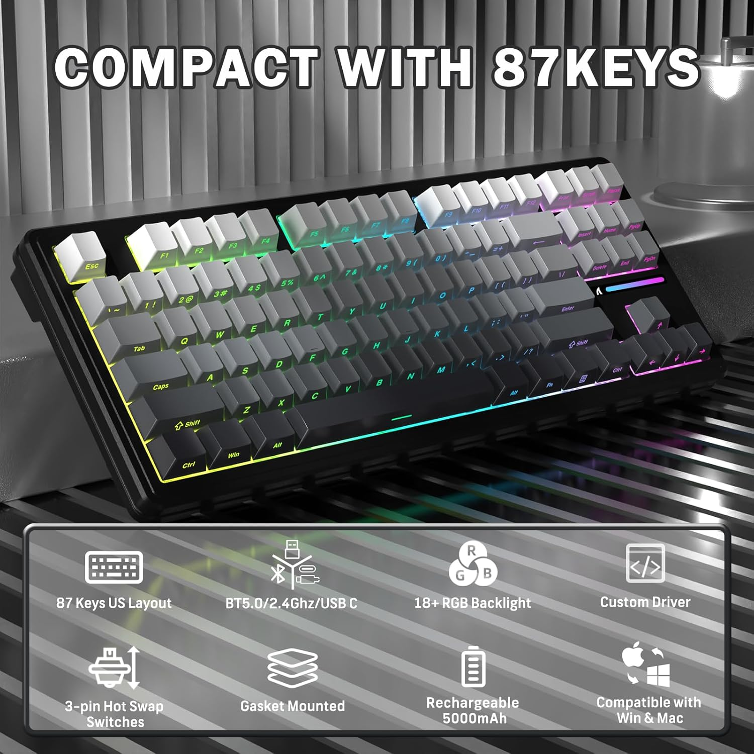 ATTACK SHARK M87PRO TKL Wireless Mechanical Gaming Keyboard, BT5.0/2.4G/USB-C Wired Hot-Swap RGB Keyboard with US Layout, Linear White Switch with Side Gradient Print, Moon Night - Matcha image number 5