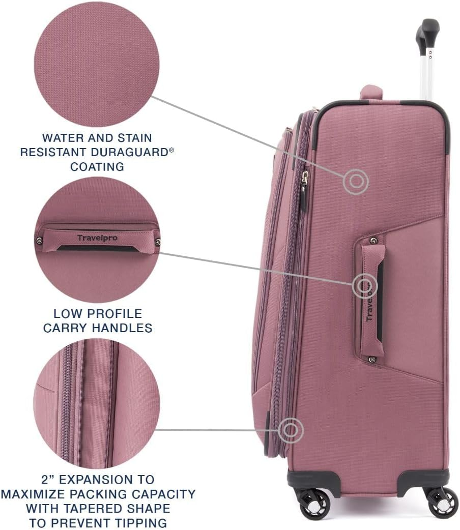 Travelpro Maxlite 5 Softside 2Pc Set Expandable Carry on Luggage with 4 Spinner Wheels/Soft Underseat Tote, Lightweight Suitcase, Men and Women, Dusty Rose Pink, Checked-Medium 25-Inch, Maxlite 5 - Dusty Rose Pink image number 2