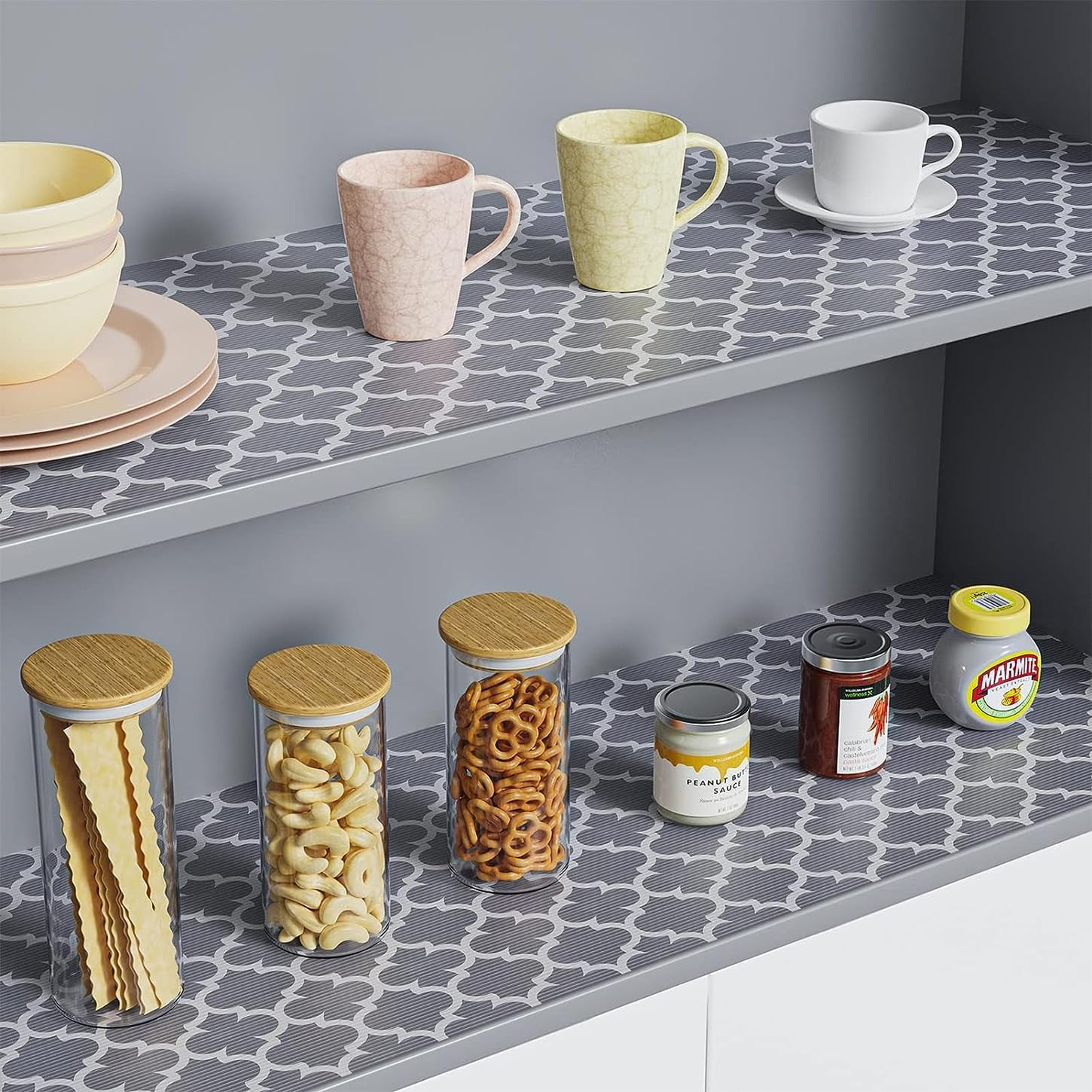 Drawer Liner 17.4&times;236.2In, Non-Adhesive Shelf Liner Quatrefoil Printing EVA Washable Fridge Mats Roll for Kitchen Cabinets Tableware image number 5