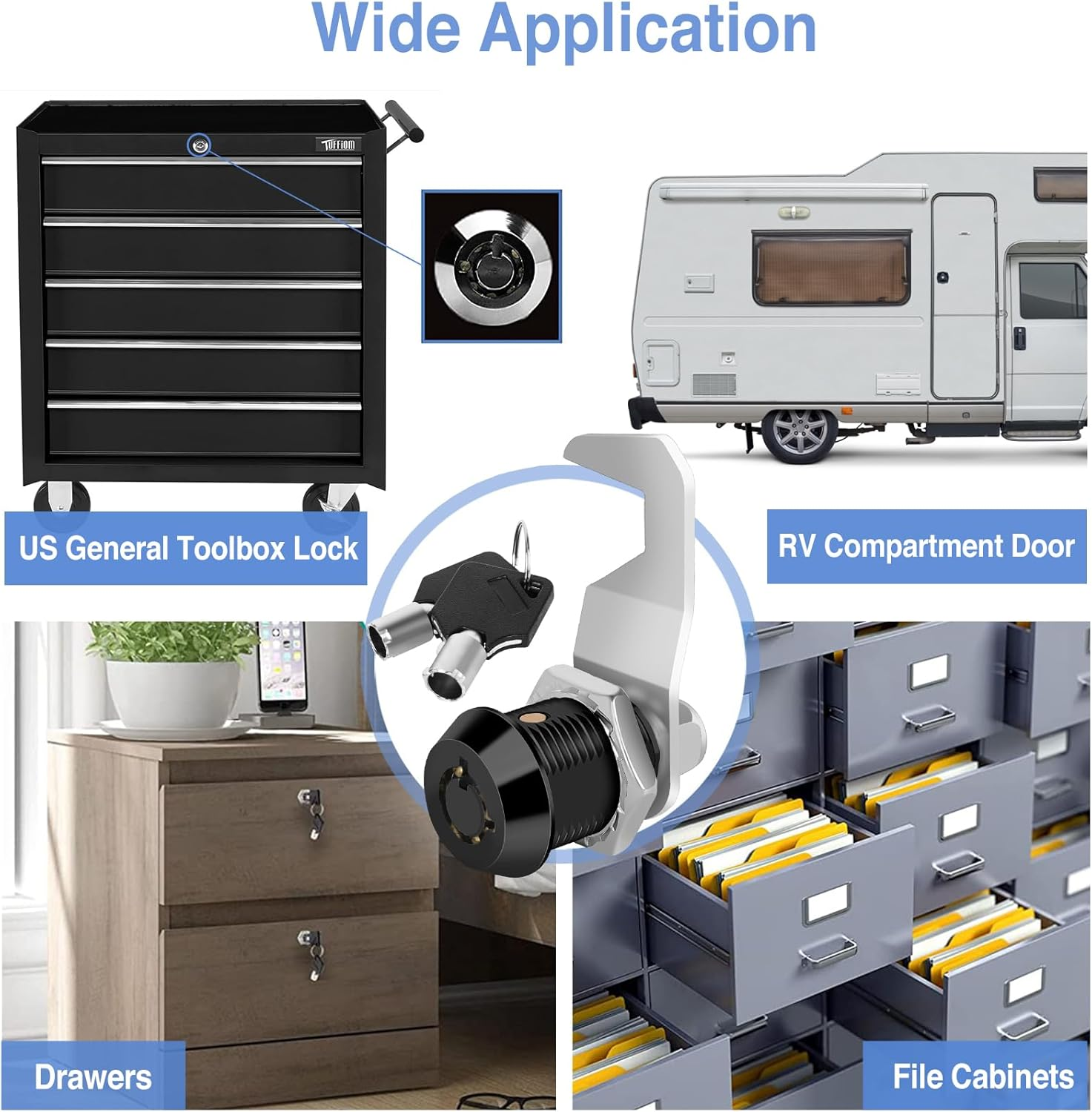 Cylinnda Black Toolbox Lock with Keys, Cabinet Locks Keyed Alike, Hook Cam, Tubular Cam Lock, Tool Box Lock with Manual, Zinc Alloy (5/8 Inch 2 Pack-Black) image number 1