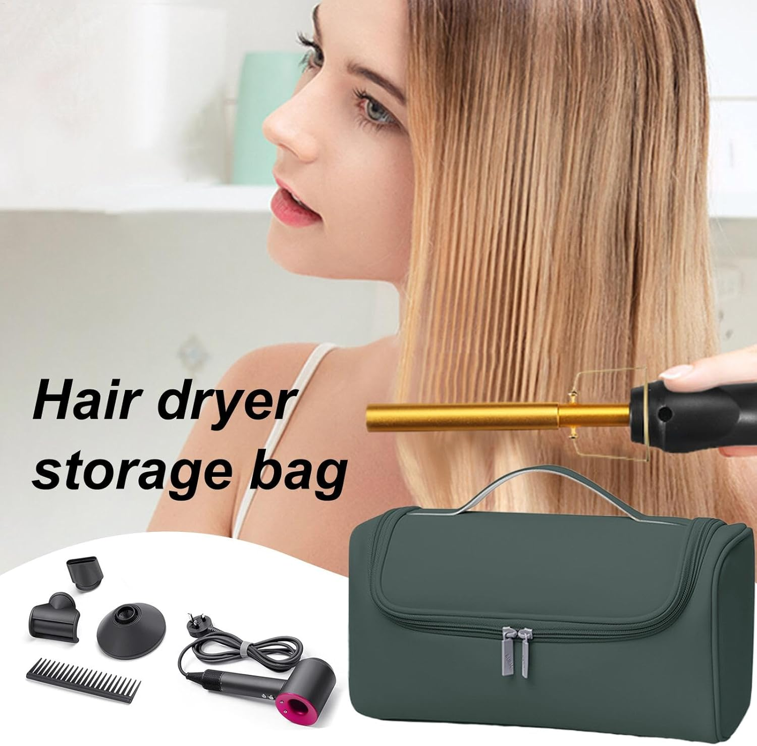 Hair Dryer Bag, Hair Tool Storage Bag, Waterproof Carrying Case, Portable Hair Accessories Bag, Lightweight Storage Bag, Protective Hair Tool Bag, Travel Case for Blow Dryer and Accessories, Green, image number 2