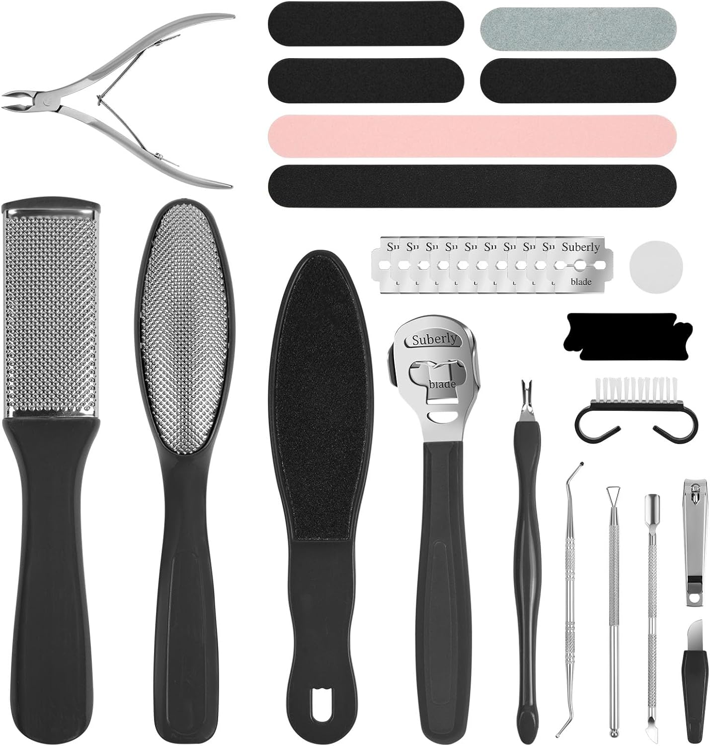Alaoo Stainless Steel Callus Slicer, 30-In-1 Professional Pedicure Foot Care Set, Foot Scraper Razor, Dead Skin Remover with 10 Replacement Blades for Foot Care Pedicure (Black)