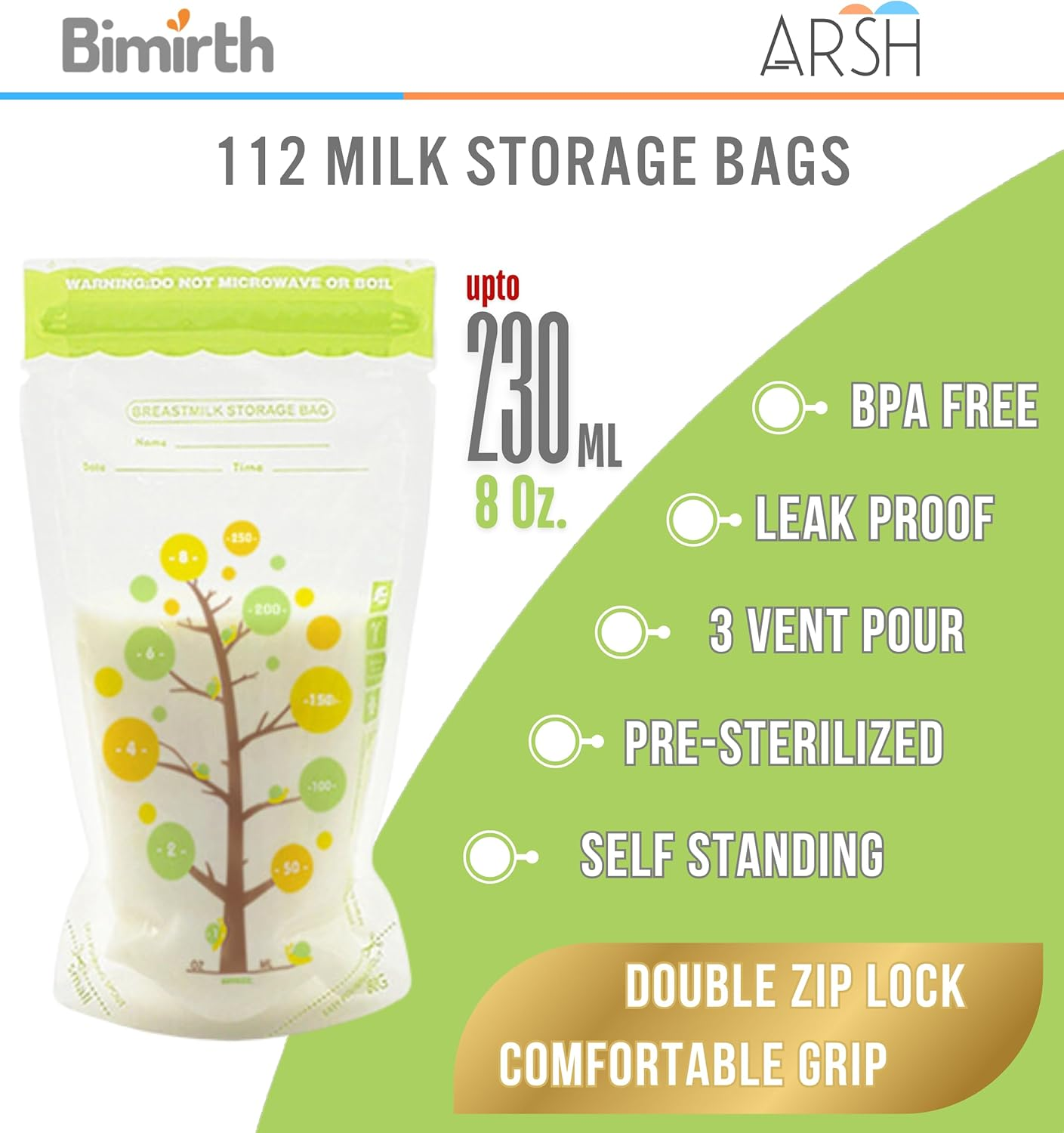 ARSH Breastmilk Storage Bags (112 Bags - 200 Ml) Freezer Safe Transparent Breast Milk Storage Bag with Double Zipper Self Standing, Leak Proof, Presealed image number 4