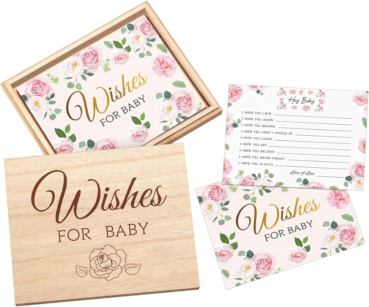 Junkin 50 Pack Baby Shower Advice Cards and Wood Baby Keepsake Box, Baby Advice Cards Wishes for Baby Cards for Baby Shower Games Invitations Gifts, 5 X 4 Inch (Flower) image number 1
