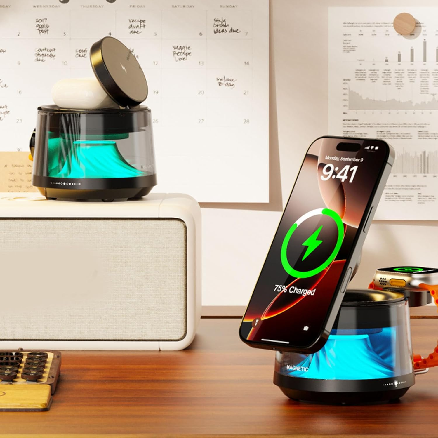 Zopsc 3 in 1 Wireless Charger with Bluetooth Speaker, Multi Function Speaker with Fast Magnetic Charging, Adjustable Night Light, for Phone Watch Earbuds image number 1