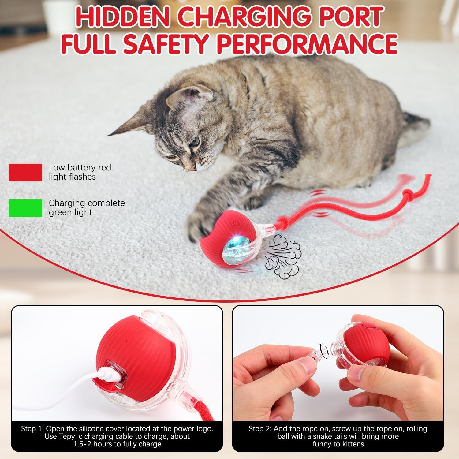 2PCS Interactive Cat Toy,Upgrade Interactive Cat Dog Toys Ball Fast Rolling,Self-Playing Automatic Moving Kitten Toys for Cats,Durable and Safe Material,360&deg; Smart Automatic Rolling Ball (Red+Green)