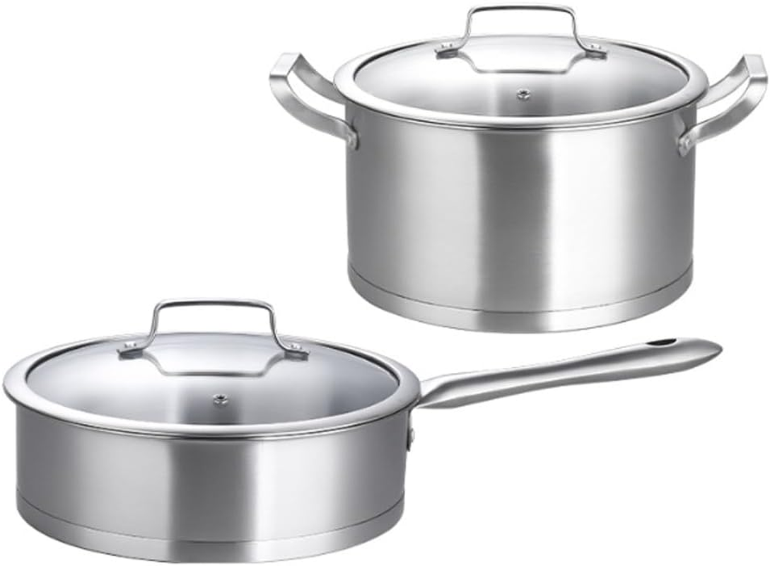 GUDAJIN Stainless Steel Cooking Pot Set of 2, 25 CM Frying Pan and 26 CM Non-Stick Saucepan with Lid, Kitchen Cookware Set, Stainless Steel Cooking Pots and Pans for All Stovetops