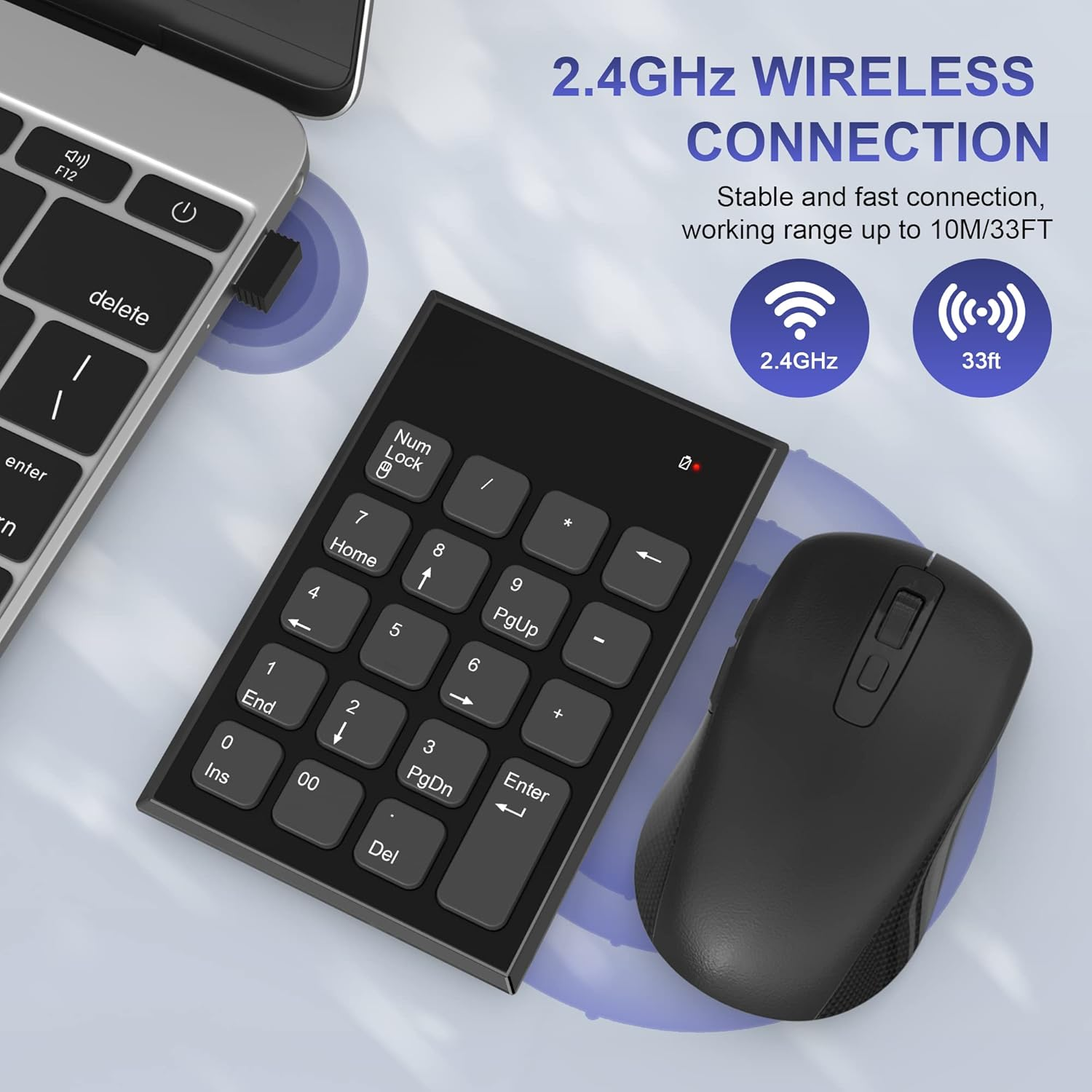 Wireless Number Pad and Mouse Combo,2.4G 19 Keys USB Wireless Numeric Keypad,3 Adjustable Mouse Speeds DPI 800/1200/1600,Set for Laptop,Notebook,Desktop,Pc Computer-Use One USB Receiver image number 2