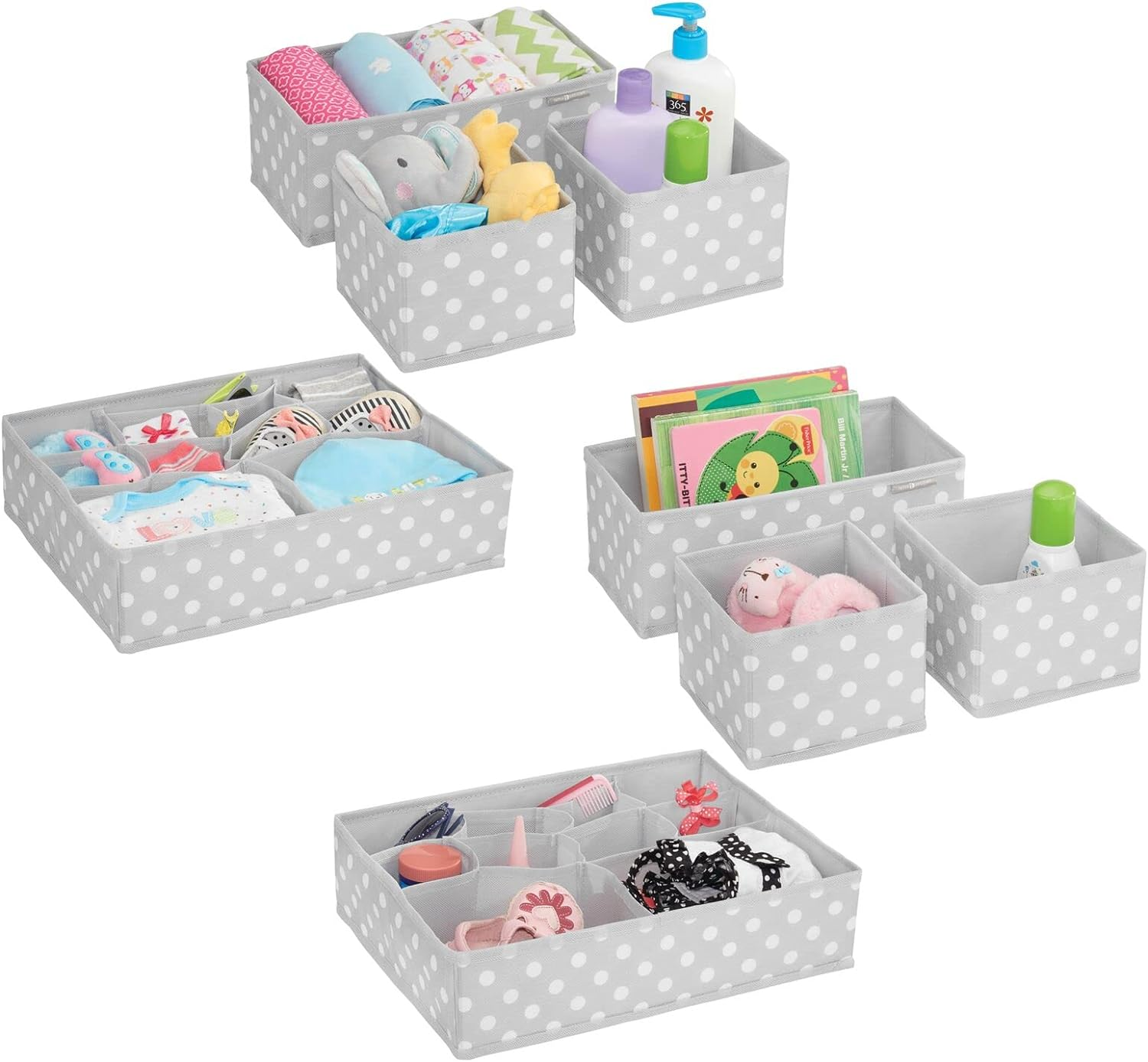 Mdesign Fabric Drawer Organizer Bins, Kids/Baby Nursery Dresser, Closet, Shelf, Playroom Organization, Hold Clothes, Toys, Diapers, Bibs, Blankets, Set of 4, 2 Pack, Gray/White Polka Dot