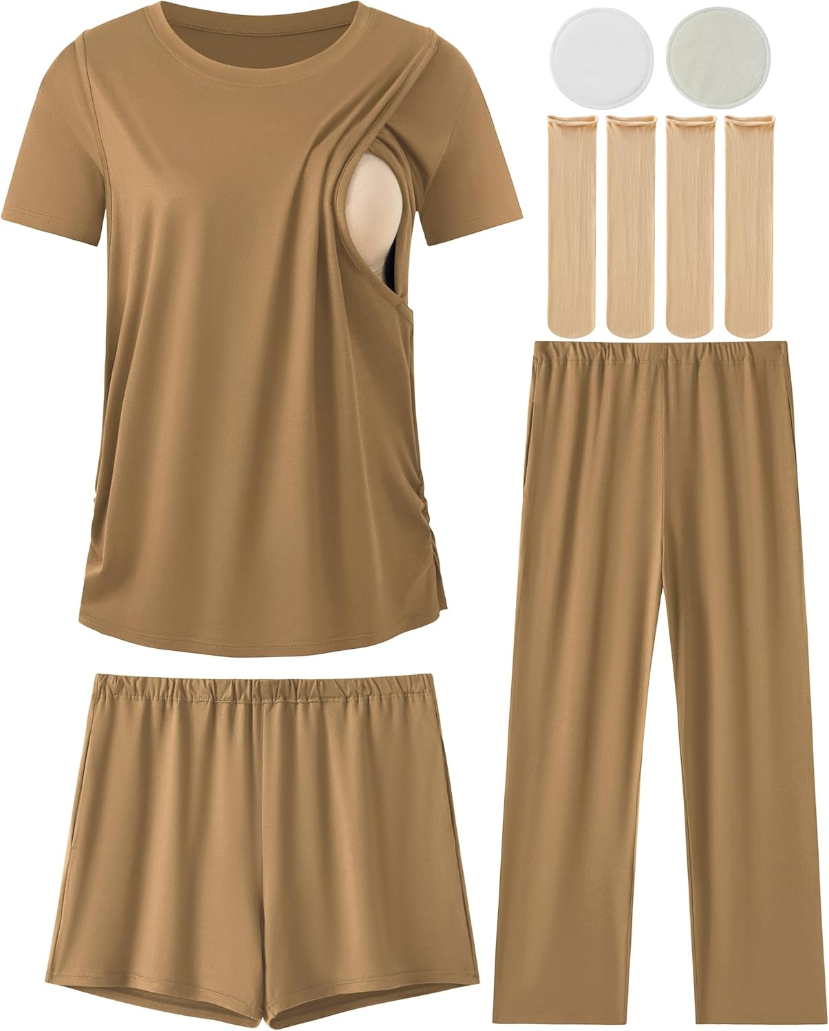 DANSHOW Maternity Nursing Pajamas 3 Piece Pregnancy Pjs Sets Breastfeeding Sleepwear for Women, Double Layer Design