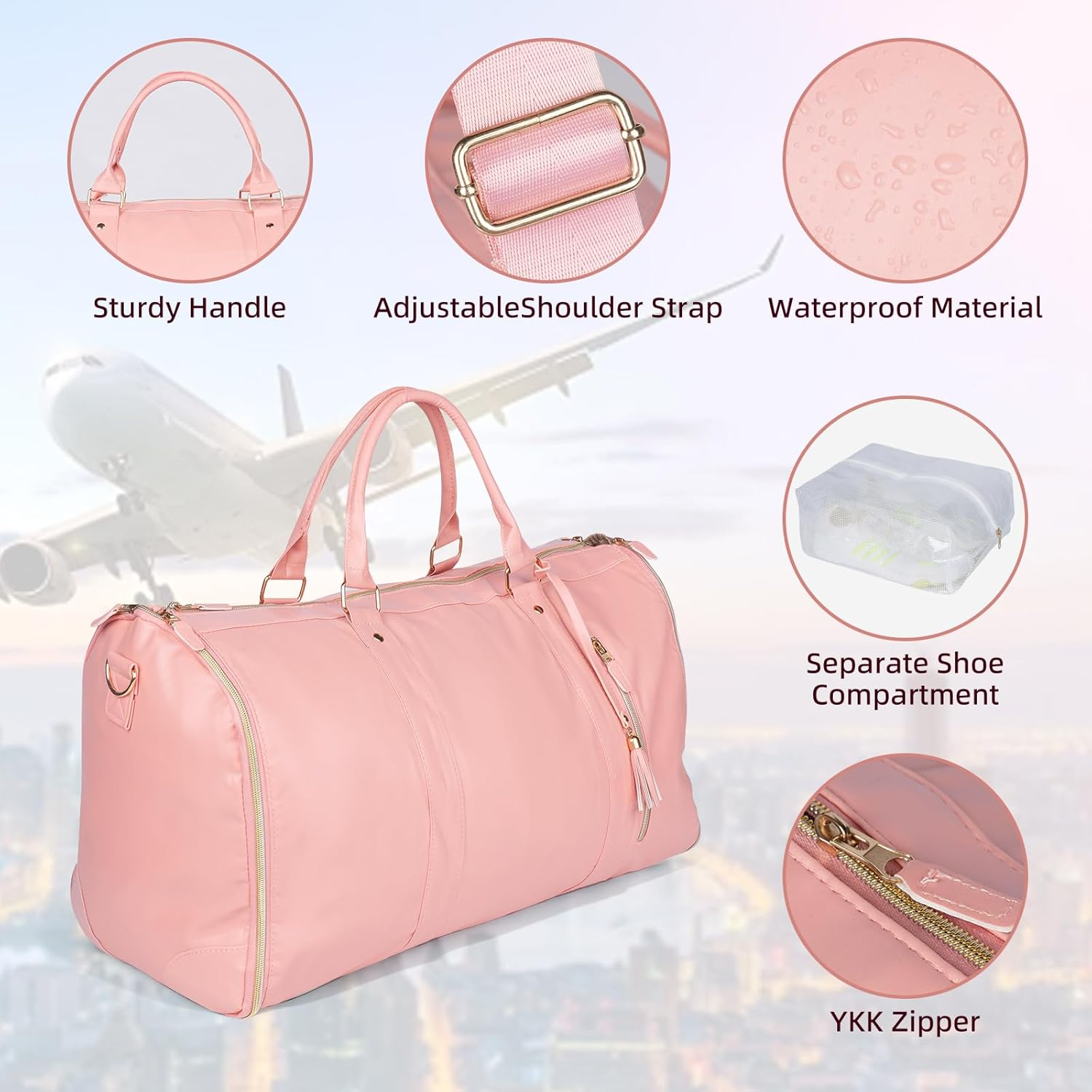 Disna Convertible Garment Bag for Travel- Waterproof Leather Convertible 2 in 1 Carry on Garment Bag with Shoe Compartment Garment Duffel Bag for Women (Black)