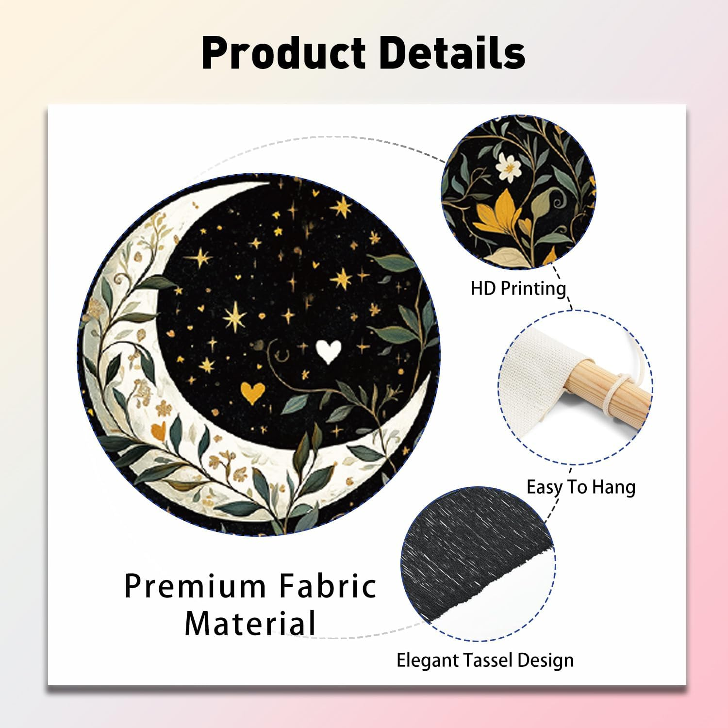 PLIGREAT 2 Pack Moon Tapestry Mushroom and Botanical Tapestry with Tassels Vertical Bohemian Wall Hanging Aesthetic Floral Wall Tapestries for Bedroom Living Room Dorm Room Narrow Home Decor - Blue And Black image number 3