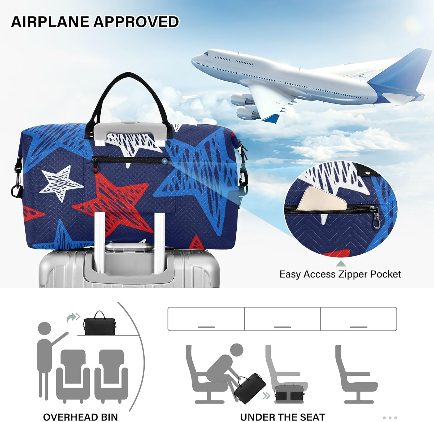 Large Travel Duffel Luggage Weekender/Overnight Duffel American Flag Star Scatter Pretty Blue Tote Bag with Adjustable, Star, Set of 2, Art Deco image number 6