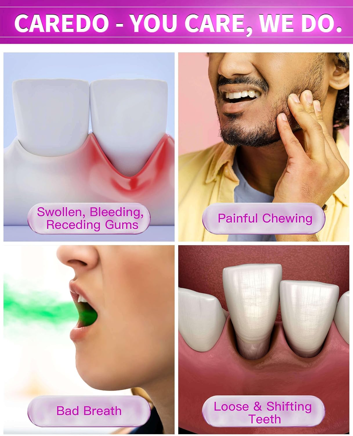 CAREDO Toothpaste for Receding Gums, Gingivitis & Periodontitis, Gum Repair Gum Disease Treatment, Plaque Removal, Bleeding Gums & Bad Breath Care, Fluoride Free Periodontal Toothpaste 3.52OZ image number 4