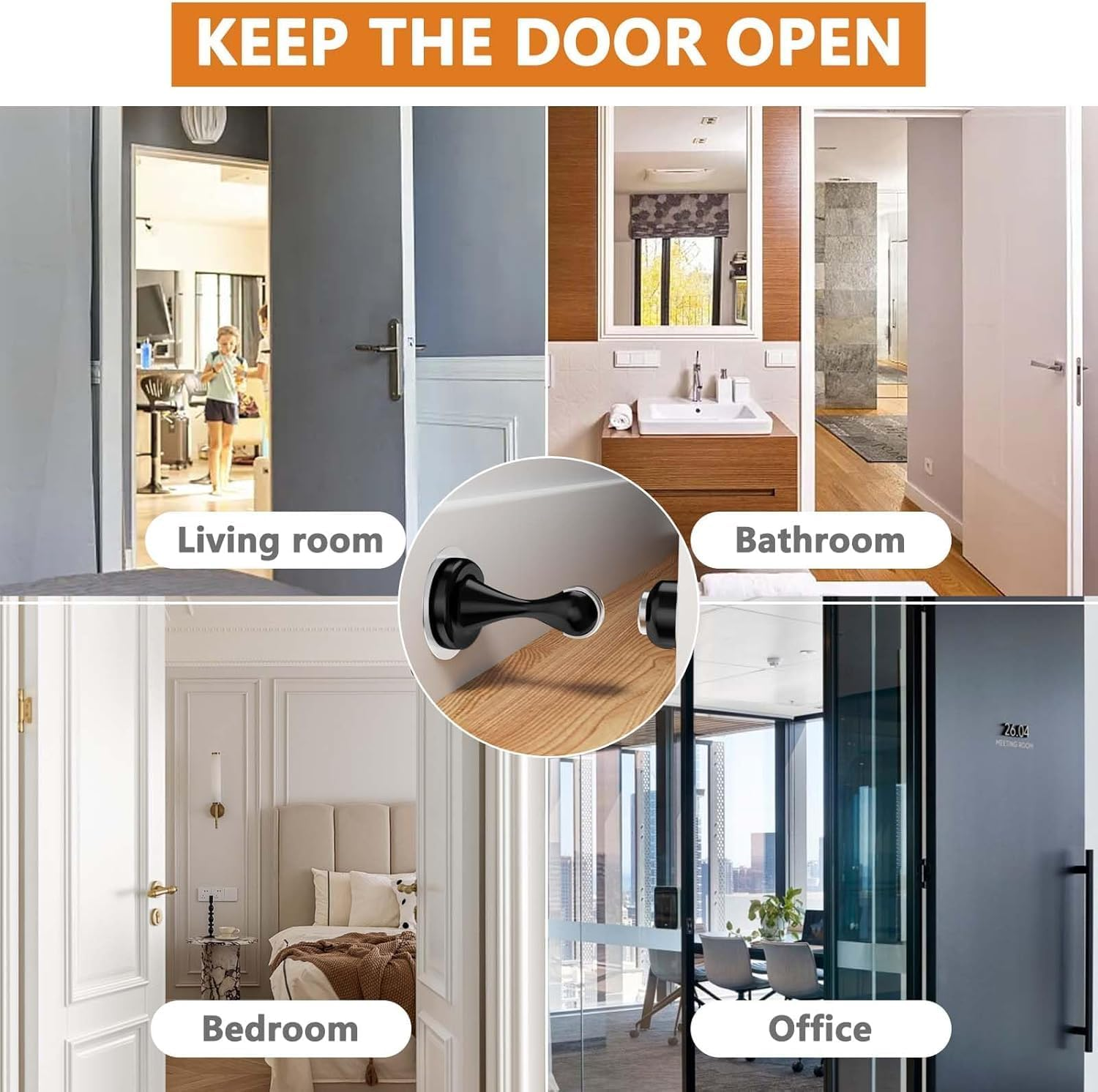 Magnetic Door Stopper - 2 Pack - Stainless Steel Door Stoppers for Bottom of Door| Magnetic Door Stop for Wall and Floor Mounting| No Drilling Door Catch Door Holder with 3D Adhesive Tapes (Black) - Black image number 2