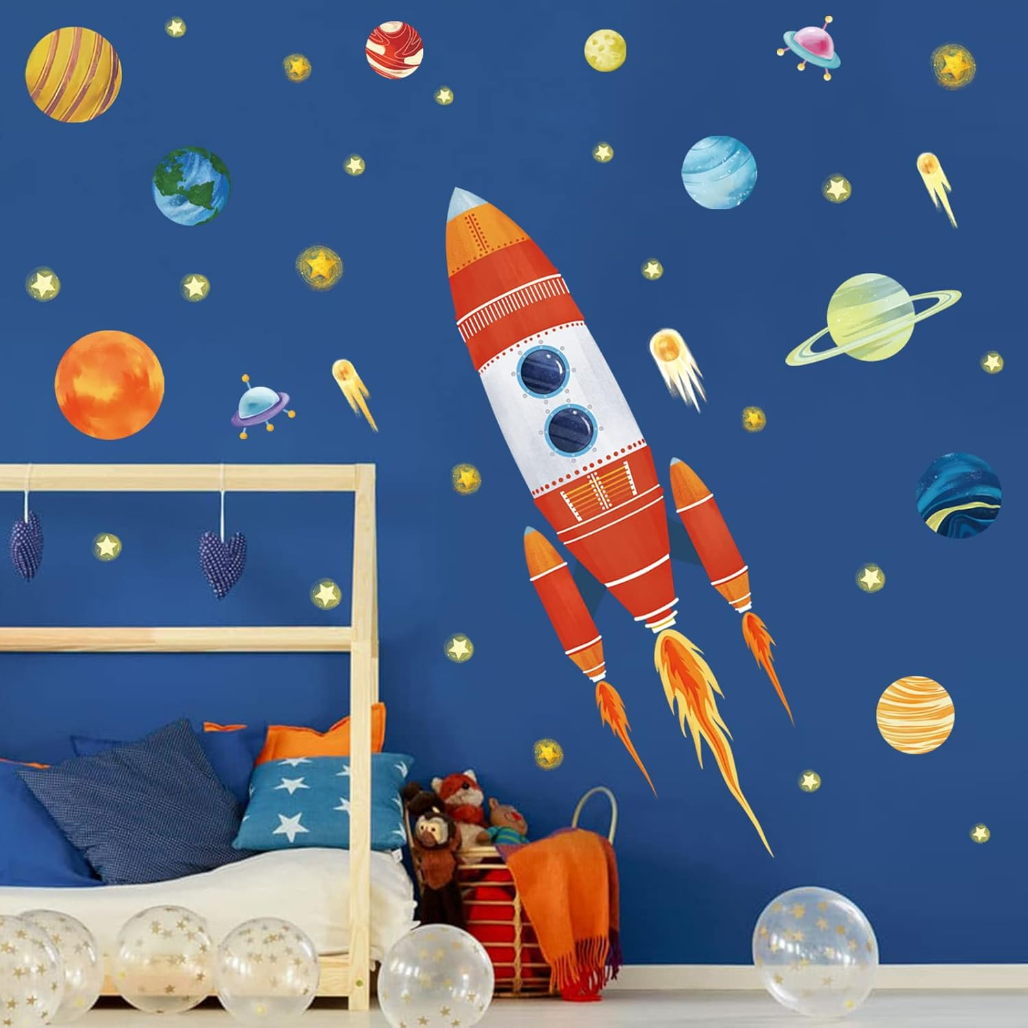 Wondever Rocket Wall Stickers Outer Space Planets Peel and Stick Wall Art Decals for Baby Nursery Kids Bedroom Playroom (H:40 Inches) image number 2