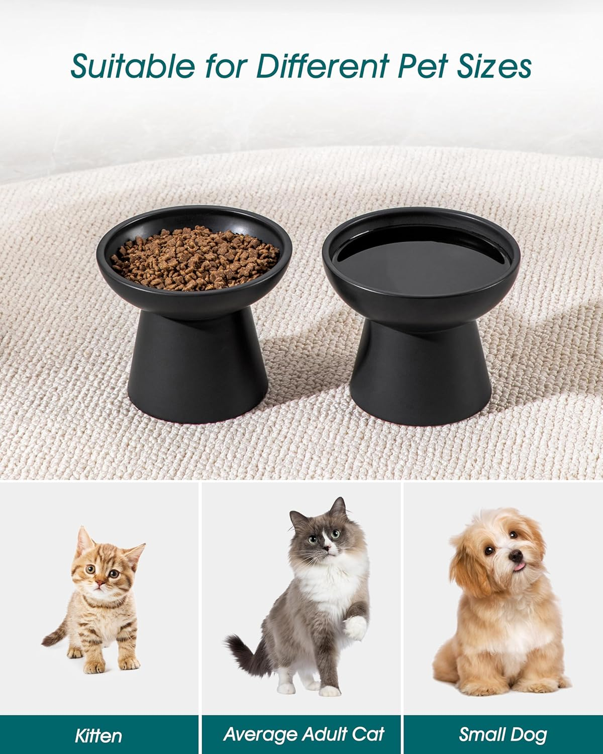 Vancasso Ceramic Elevated Cat Bowls 2-Pack - 6.2" Extra Wide Raised Cat Food & Water Dishes, 5.1" Optimal Height Anti-Whisker Fatigue Shallow Bowls for Cats/Kittens/Dogs, Lead & Cadmium Free (Black) image number 5
