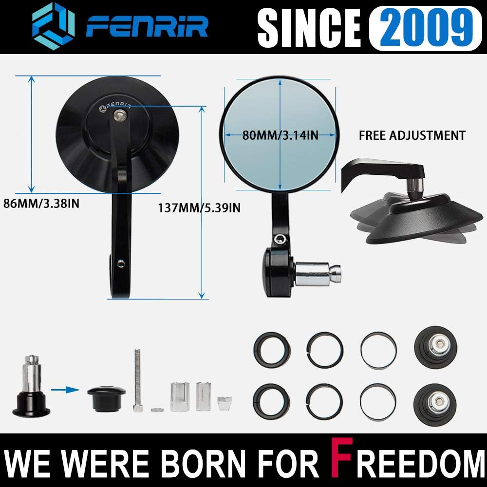 FENRIR CNC Aluminum Alloy round Cafe Racer Retro Black Motorcycle Bar End Mirrors Side 22MM 7/8" Inch Handlebar Mirror Universal Rear View for M8/M6 Sport Naked Street Bike Cruiser Minimoto Scooter image number 2