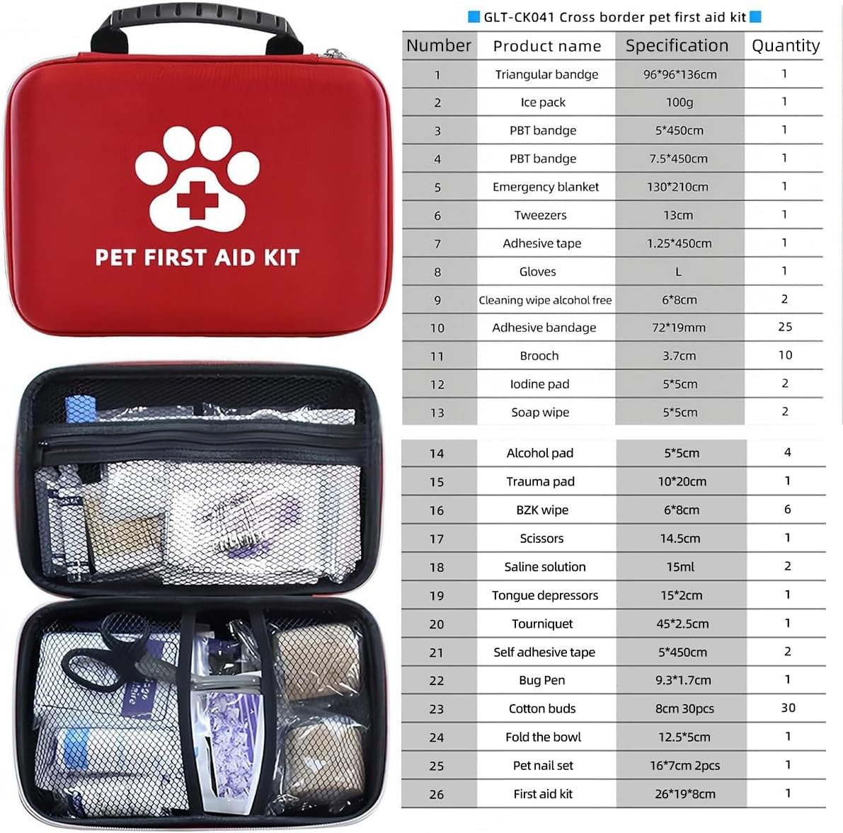 AIMALL Comprehensive Pet First Aid Kit, Cat and Dog Emergency Wound Treatment Pack, 101-Piece Set, Durable EVA and Oxford Fabric Case, Red image number 3
