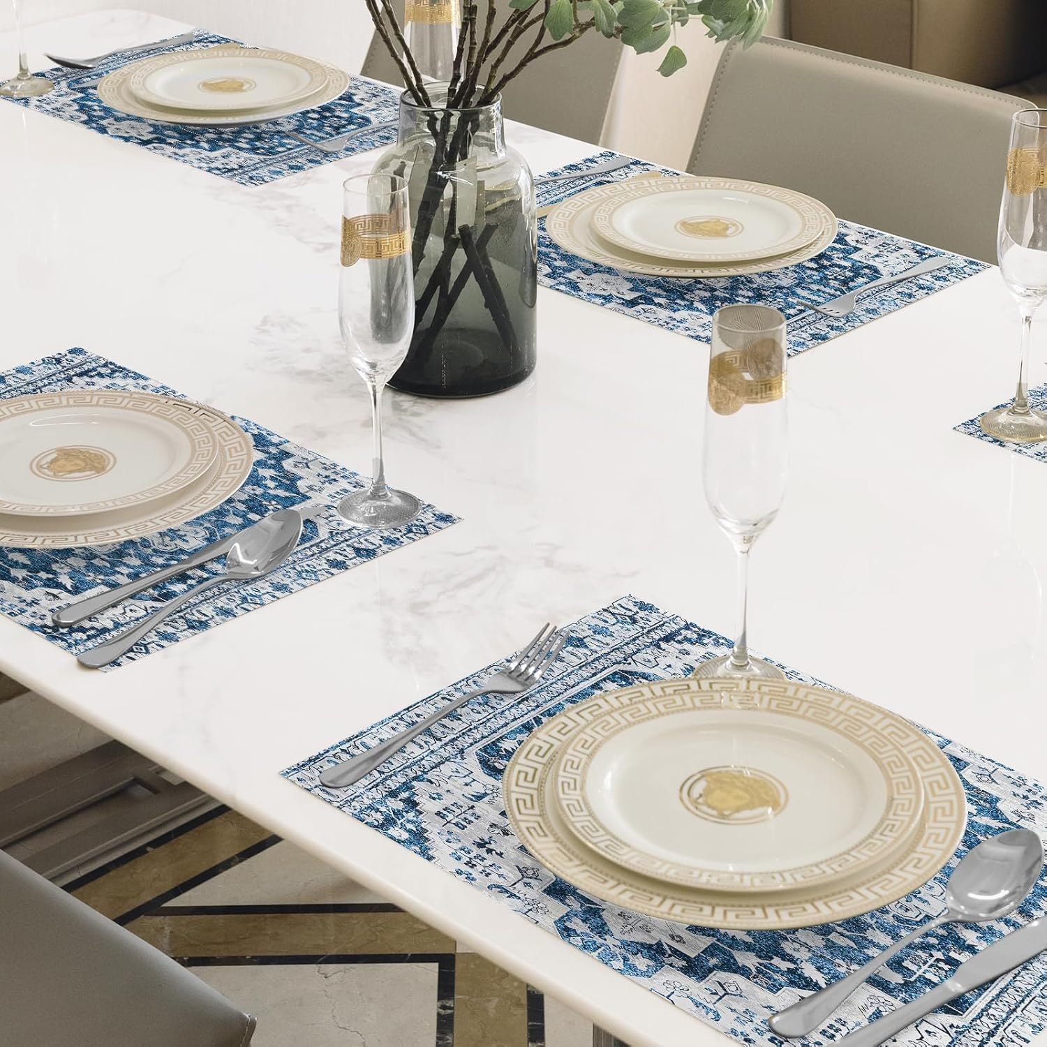 ZSYTZL Placemats Set of 4 Washable Durable Table Placemats for Dining Table Mat,Boho Pattern Kitchen Table Mats Heat-Resistant Decor Place Mats for Dining Tables Home Party Indoor-White Blue image number 6